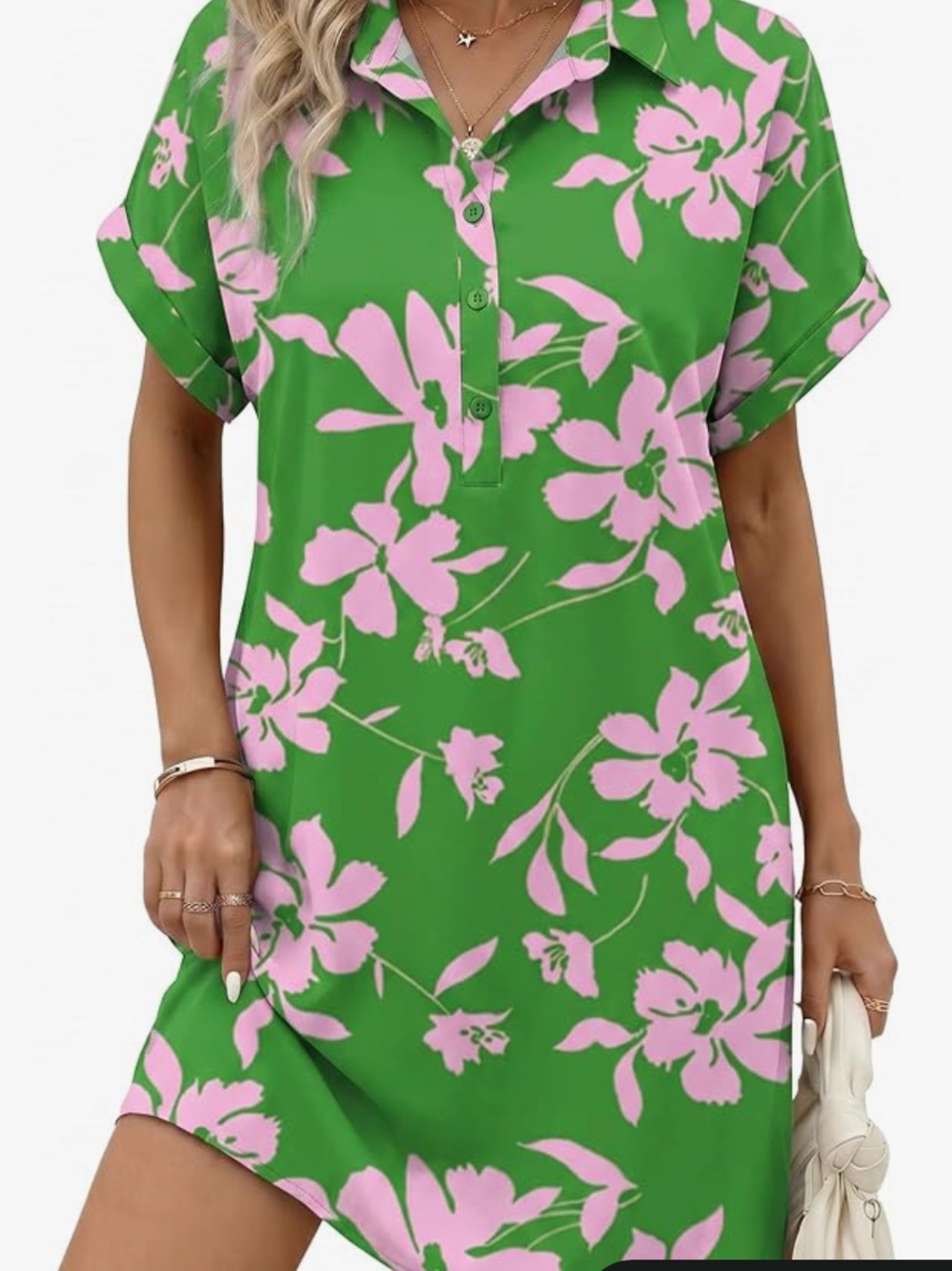 Green Floral Button-Front Shirt Dress with Pink Blossoms